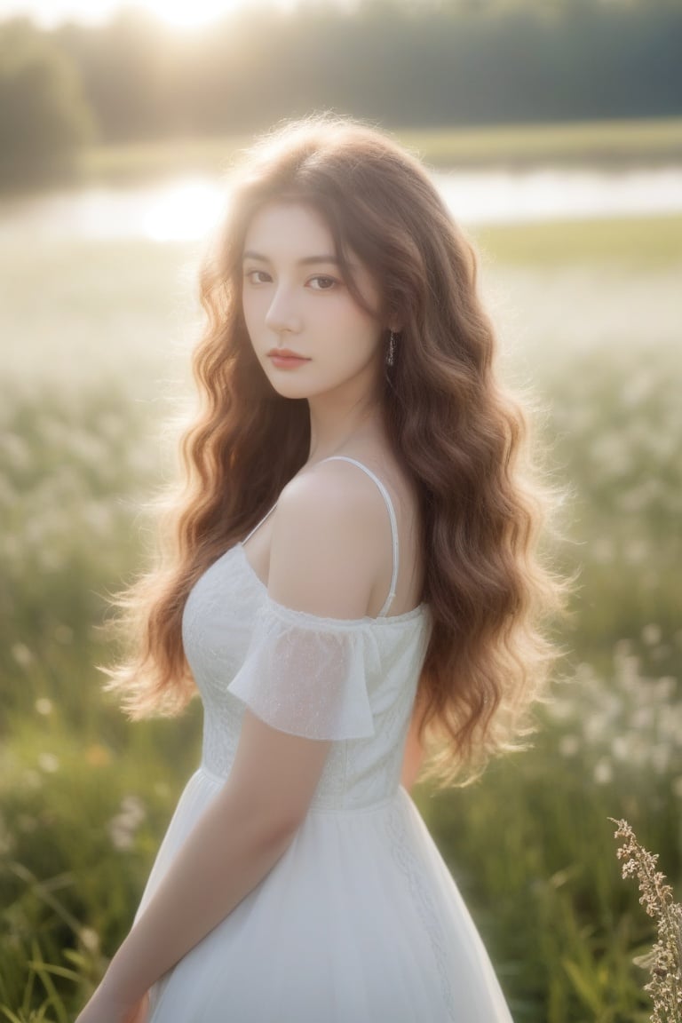 <lora:SDXL_Overlighting:1>,(strong rim lighting:1.2),(light penetrates through hair strands:1.2),white dress,exposed shoulders,looking at the viewer,(long curly hair:1.1),depth in field,(mist:1.2),morning sunshine,meadow,lake,