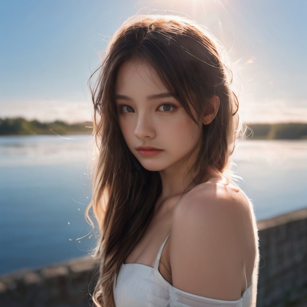(strong rim lighting:1.2),(light penetrates through hair strands:1.2),white dress,exposed shoulders,looking at the viewer,(long curly hair:1.1),depth in field,(mist:1.2),morning sunshine,lake,1girl,<lora:SDXL_Overlighting:-1.5>,