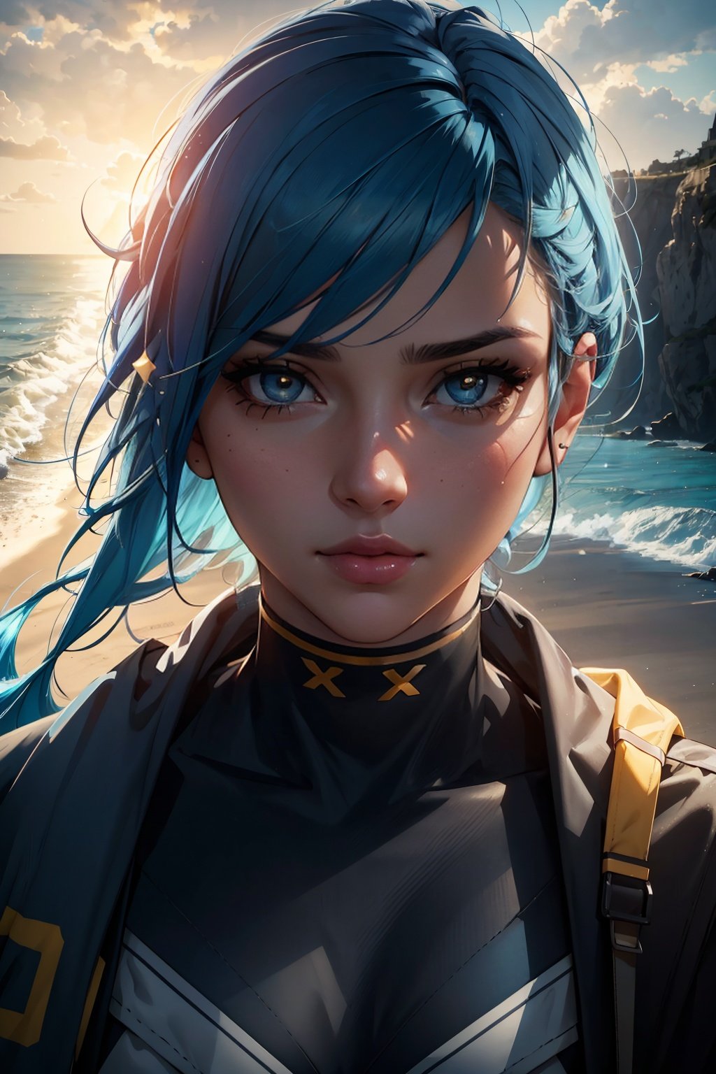 Masterpiece, best quality, portrait, 1girl, beach, selfie, blue hair, yellow eyes,  looking at viewer, extremely detailed, sharp focus, volumetric lighting, HDR, 8K