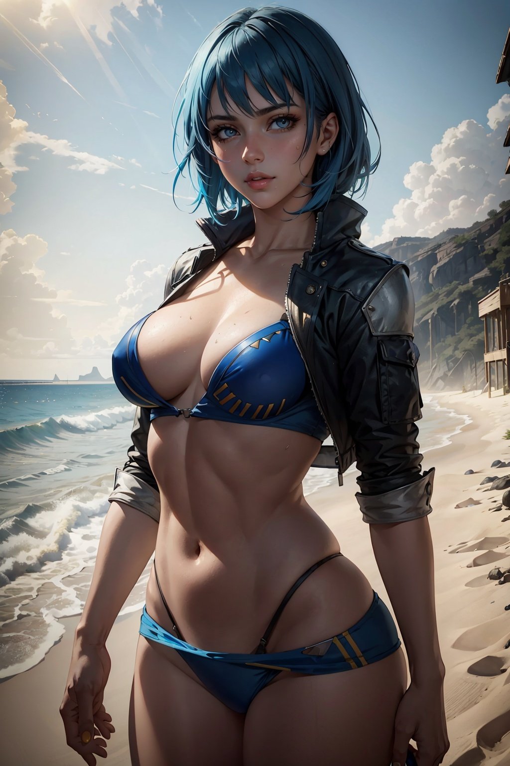 Masterpiece, best quality, portrait, 1girl, beach, selfie, blue hair, yellow eyes,  looking at viewer, extremely detailed, sharp focus, volumetric lighting, HDR, 8K, cowboy shot.