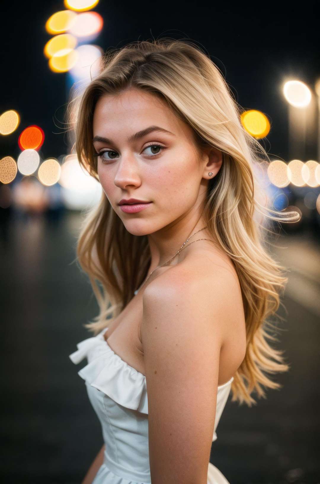 instagram photo, closeup face photo of  a young dutch woman in dress, CySterre_V1, beautiful face, makeup, night city street, bokeh, motion blur 