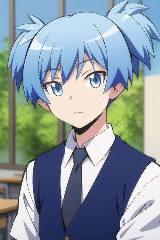 masterpiece, best quality, high quality, 1boy, solo, male focus, looking at viewer, upper body, <lora:shiota_nagisa:0.84>, shiota_nagisa, blue hair, blue eyes, school uniform, shirt, necktie, vest, short twintails