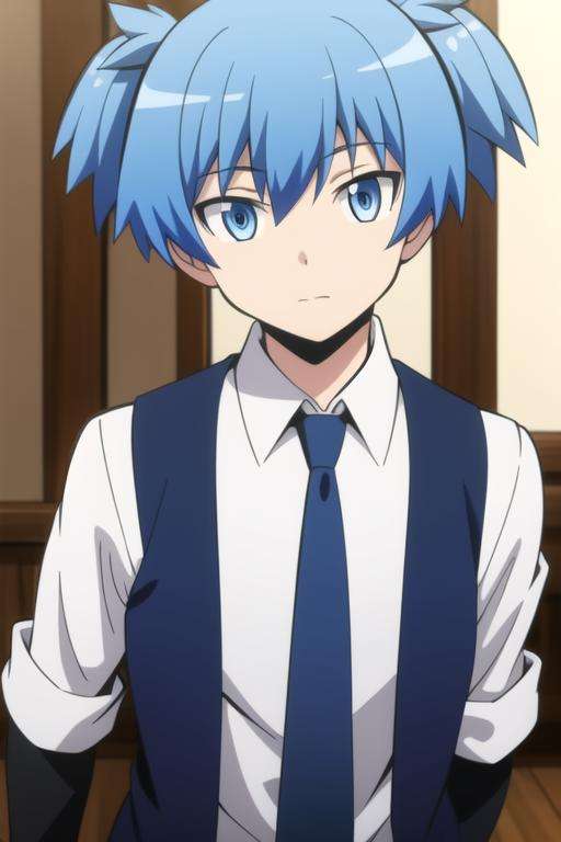 masterpiece, best quality, high quality, 1boy, solo, male focus, looking at viewer, upper body, <lora:shiota_nagisa:0.72>, shiota_nagisa, blue hair, blue eyes, school uniform, shirt, necktie, vest, short twintails