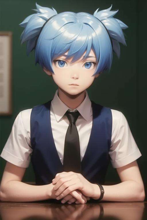 masterpiece, best quality, high quality, 1boy, solo, male focus, looking at viewer, upper body, <lora:shiota_nagisa:0.78>, shiota_nagisa, blue hair, blue eyes, short twintails, school uniform, shirt, necktie, vest