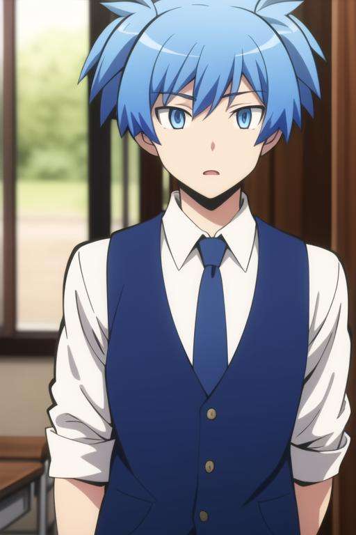 masterpiece, best quality, high quality, 1boy, solo, male focus, looking at viewer, upper body, <lora:shiota_nagisa:0.76>, shiota_nagisa, blue hair, blue eyes, school uniform, shirt, necktie, vest, short twintails