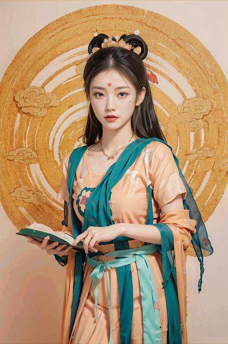 <lora:dunhuang_v20:1>,dunhuang_dress,dunhuang_background,1girl,dance,flying,masterpiece, traditional chinese ink painting, 1 girl, long hair, look at viewer, tease, Spirit, loong, dunhuang_style, dunhuang_cloths, 4k, best quality, super detail, award winning, high quality, best quality, high details ，<lora:koreandolllikenessV20_v20:0.3>
