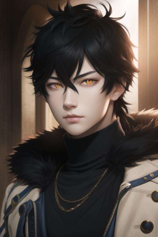masterpiece, best quality, high quality, 1boy, solo, male focus, looking at viewer, upper body, <lora:yuno:0.78>, yuno, black hair, yellow eyes, hair between eyes, fur trim, realistic
