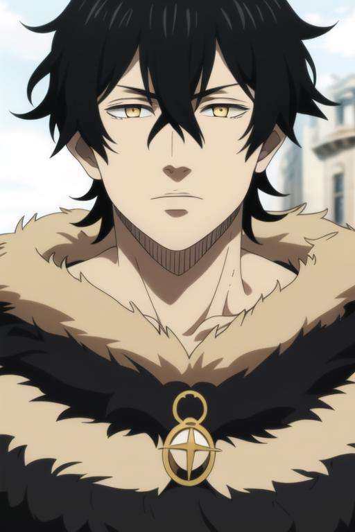 masterpiece, best quality, high quality, 1boy, solo, male focus, looking at viewer, upper body, <lora:yuno:0.70>, yuno, black hair, yellow eyes, hair between eyes, fur trim, realistic