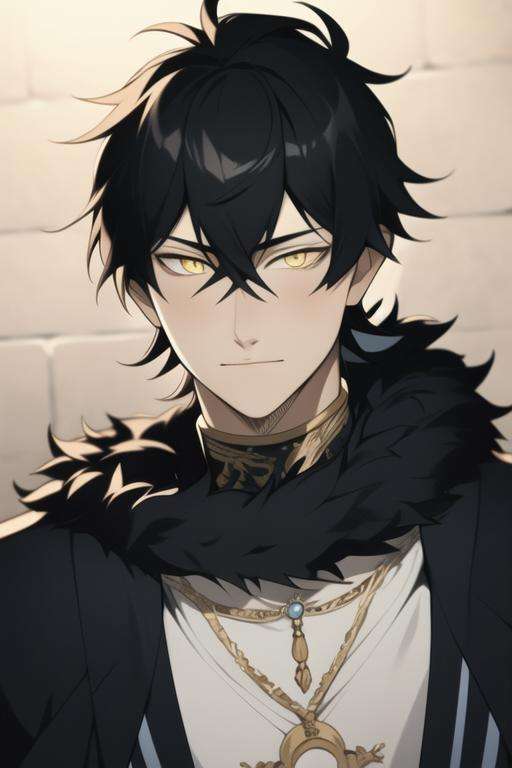 masterpiece, best quality, high quality, 1boy, solo, male focus, looking at viewer, upper body, <lora:yuno:0.70>, yuno, black hair, yellow eyes, hair between eyes, fur trim, realistic