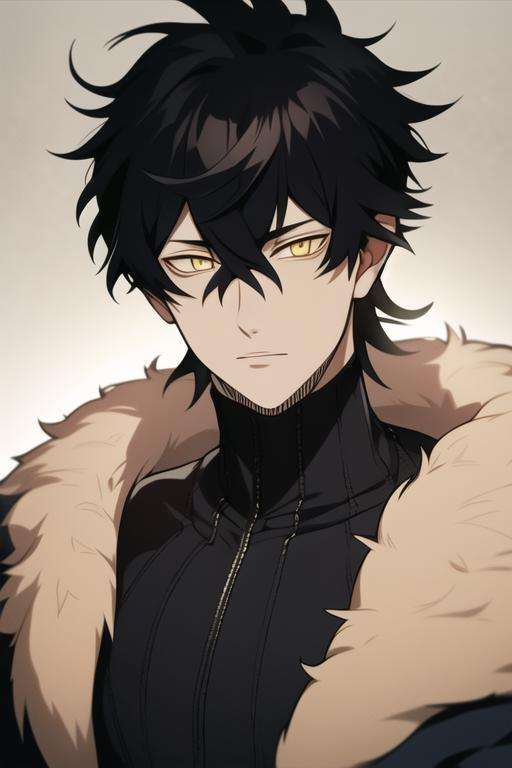 masterpiece, best quality, high quality, 1boy, solo, male focus, looking at viewer, upper body, <lora:yuno:0.82>, yuno, black hair, yellow eyes, hair between eyes, fur trim, realistic