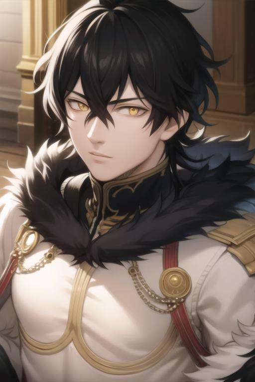 masterpiece, best quality, high quality, 1boy, solo, male focus, looking at viewer, upper body, <lora:yuno:0.82>, yuno, black hair, yellow eyes, hair between eyes, fur trim, realistic