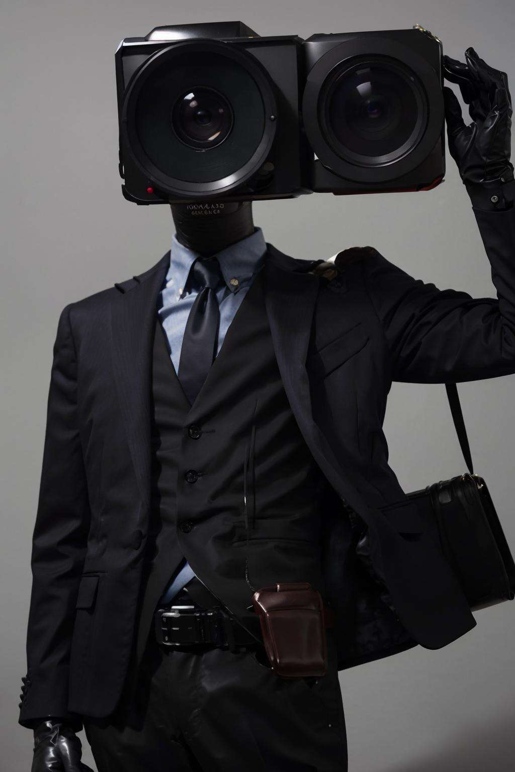 formal, gloves, grey_background, letterboxed, male_focus, solo, suit, white_gloves, simple_background, shirt, long_sleeves, 1boy, holding, jacket, necktie, belt, pants, black_jacket, black_pants, black_necktie, camera, black_suit, holding_camera, video_camera, camcorder, object heads, camera as head<lora:ob head:1>