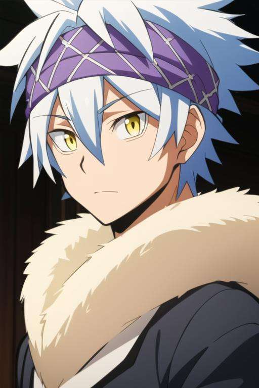 masterpiece, best quality, high quality, 1boy, solo, male focus, looking at viewer, upper body, <lora:horibe_itona:0.78>, horibe_itona, yellow eyes, white hair, headband, spiked hair, hair between eyes, fur trim