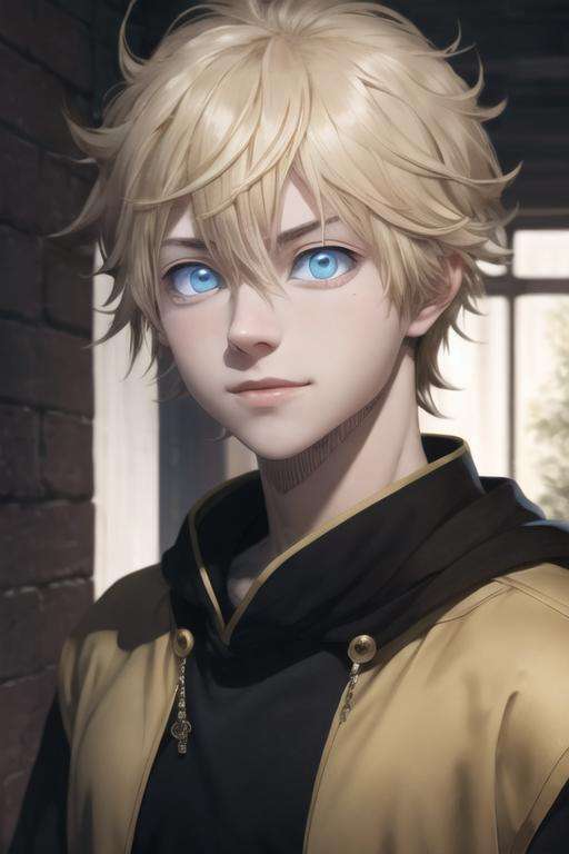 masterpiece, best quality, high quality, 1boy, solo, male focus, looking at viewer, upper body, <lora:luck_voltia:0.80>, luck_voltia, blonde hair, blue eyes, hair between eyes, realistic