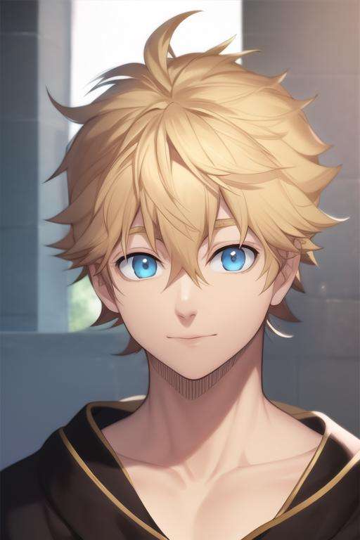masterpiece, best quality, high quality, 1boy, solo, male focus, looking at viewer, upper body, <lora:luck_voltia:0.84>, luck_voltia, blonde hair, blue eyes, hair between eyes, realistic
