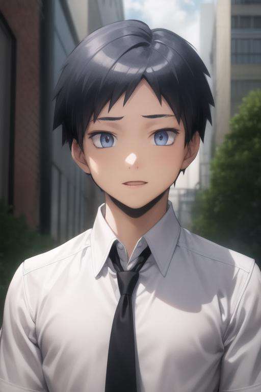 masterpiece, best quality, high quality, 1boy, solo, male focus, looking at viewer, upper body, <lora:sugino_tomohito:0.76>, sugino_tomohito, blue eyes, black hair, school uniform, shirt, white shirt, collared shirt