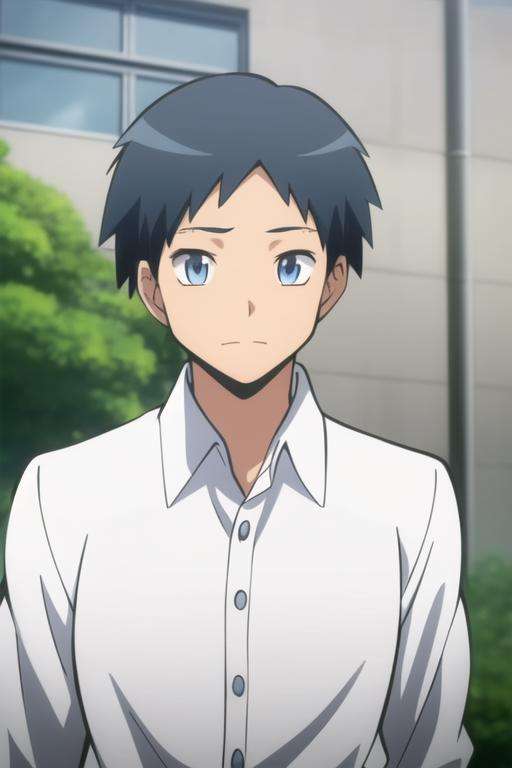 masterpiece, best quality, high quality, 1boy, solo, male focus, looking at viewer, upper body, <lora:sugino_tomohito:0.82>, sugino_tomohito, blue eyes, black hair, school uniform, shirt, white shirt, collared shirt