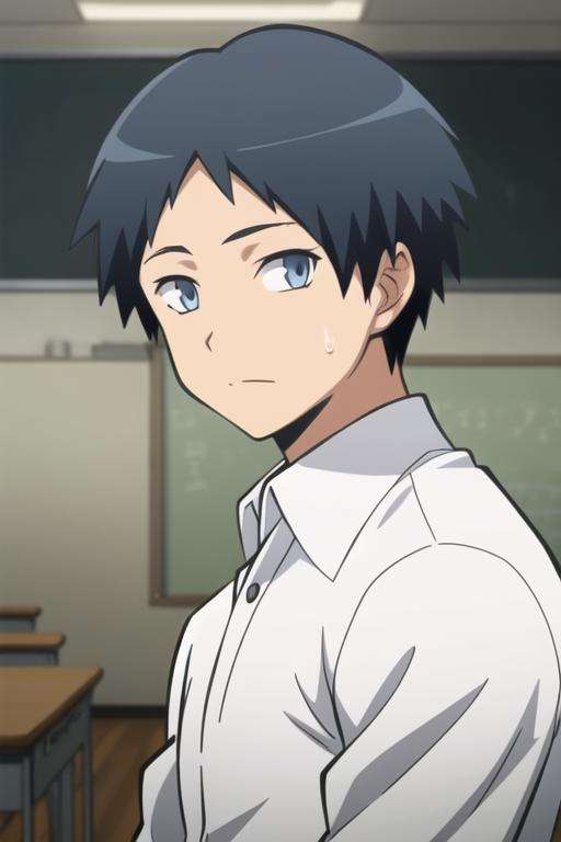 masterpiece, best quality, high quality, 1boy, solo, male focus, looking at viewer, upper body, <lora:sugino_tomohito:0.76>, sugino_tomohito, blue eyes, black hair, school uniform, shirt, white shirt, collared shirt