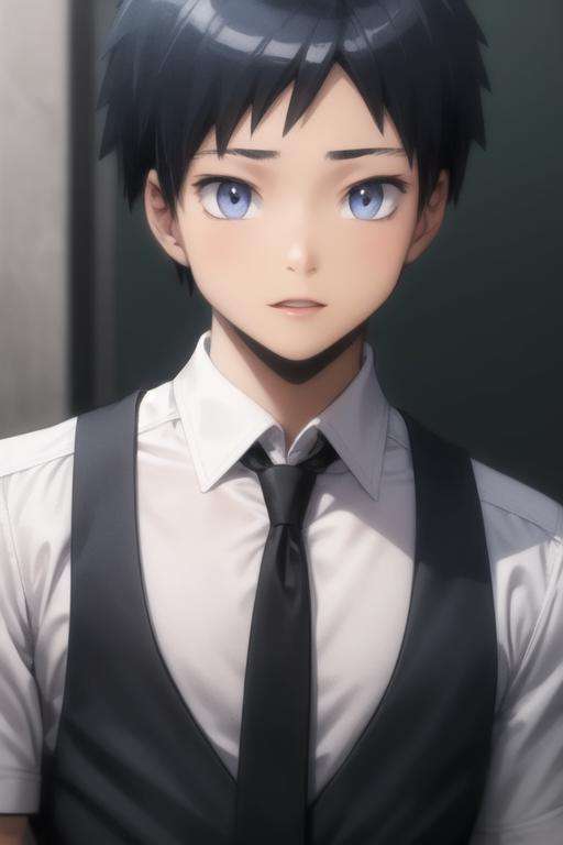 masterpiece, best quality, high quality, 1boy, solo, male focus, looking at viewer, upper body, <lora:sugino_tomohito:0.84>, sugino_tomohito, blue eyes, black hair, school uniform, shirt, white shirt, collared shirt