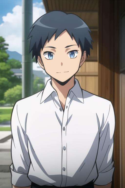 masterpiece, best quality, high quality, 1boy, solo, male focus, looking at viewer, upper body, <lora:sugino_tomohito:0.72>, sugino_tomohito, blue eyes, black hair, school uniform, shirt, white shirt, collared shirt
