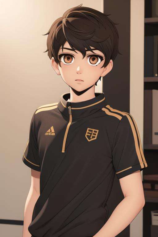 masterpiece, best quality, high quality, 1boy, solo, male focus, looking at viewer, upper body, <lora:bam_kami_no_tou:0.70>, bam_kami_no_tou, brown hair, brown eyes, , sportswear