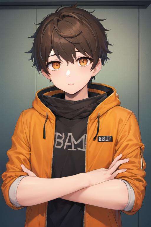 masterpiece, best quality, high quality, 1boy, solo, male focus, looking at viewer, upper body, <lora:bam_kami_no_tou:0.52>, bam_kami_no_tou, brown hair, orange eyes, , jacket