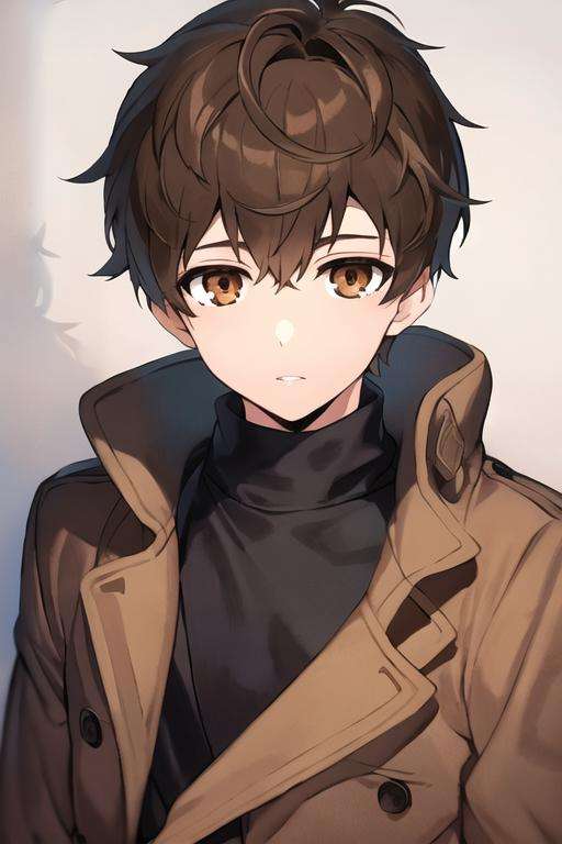masterpiece, best quality, high quality, 1boy, solo, male focus, looking at viewer, upper body, <lora:bam_kami_no_tou:0.52>, bam_kami_no_tou, brown hair, brown eyes, , coat