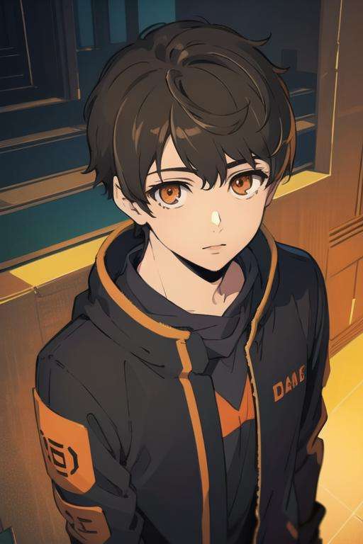 masterpiece, best quality, high quality, 1boy, solo, male focus, looking at viewer, upper body, <lora:bam_kami_no_tou:0.62>, bam_kami_no_tou, brown hair, orange eyes, realistic, jacket