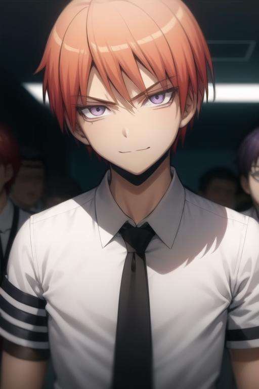 masterpiece, best quality, high quality, 1boy, solo, male focus, looking at viewer, upper body, <lora:asano_gakushuu:0.84>, asano_gakushuu, purple eyes, orange hair, school uniform, shirt, white shirt, necktie, collared shirt