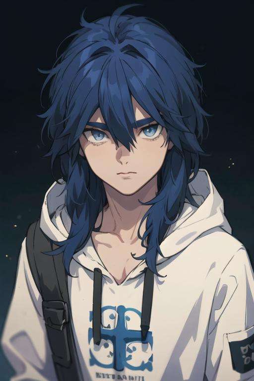 masterpiece, best quality, high quality, 1boy, solo, male focus, looking at viewer, upper body, <lora:yui_kemono_jihen:0.70>, yui_kemono_jihen, blue hair, blue eyes, hair between eyes, long hair, , hoodie