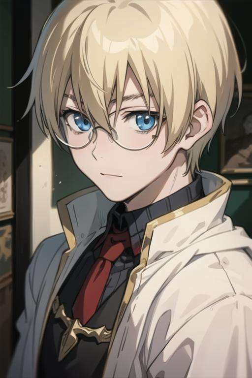 masterpiece, best quality, high quality, 1boy, solo, male focus, looking at viewer, upper body, <lora:william_macbeth:0.58>, william_macbeth, blonde hair, glasses, blue eyes, ,