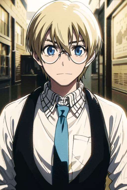 masterpiece, best quality, high quality, 1boy, solo, male focus, looking at viewer, upper body, <lora:william_macbeth:0.76>, william_macbeth, blonde hair, glasses, blue eyes, , formal, necktie, dress shirt