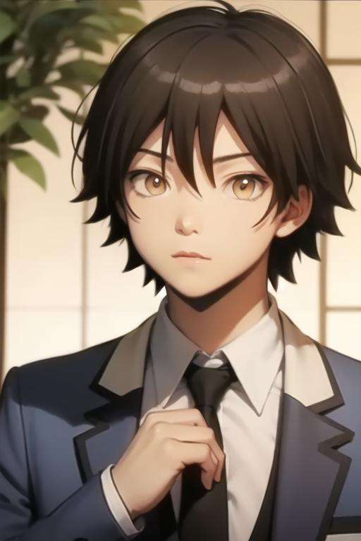 masterpiece, best quality, high quality, 1boy, solo, male focus, looking at viewer, upper body, <lora:isogai_yuuma:0.80>, isogai_yuuma, black hair, brown eyes, school uniform, necktie