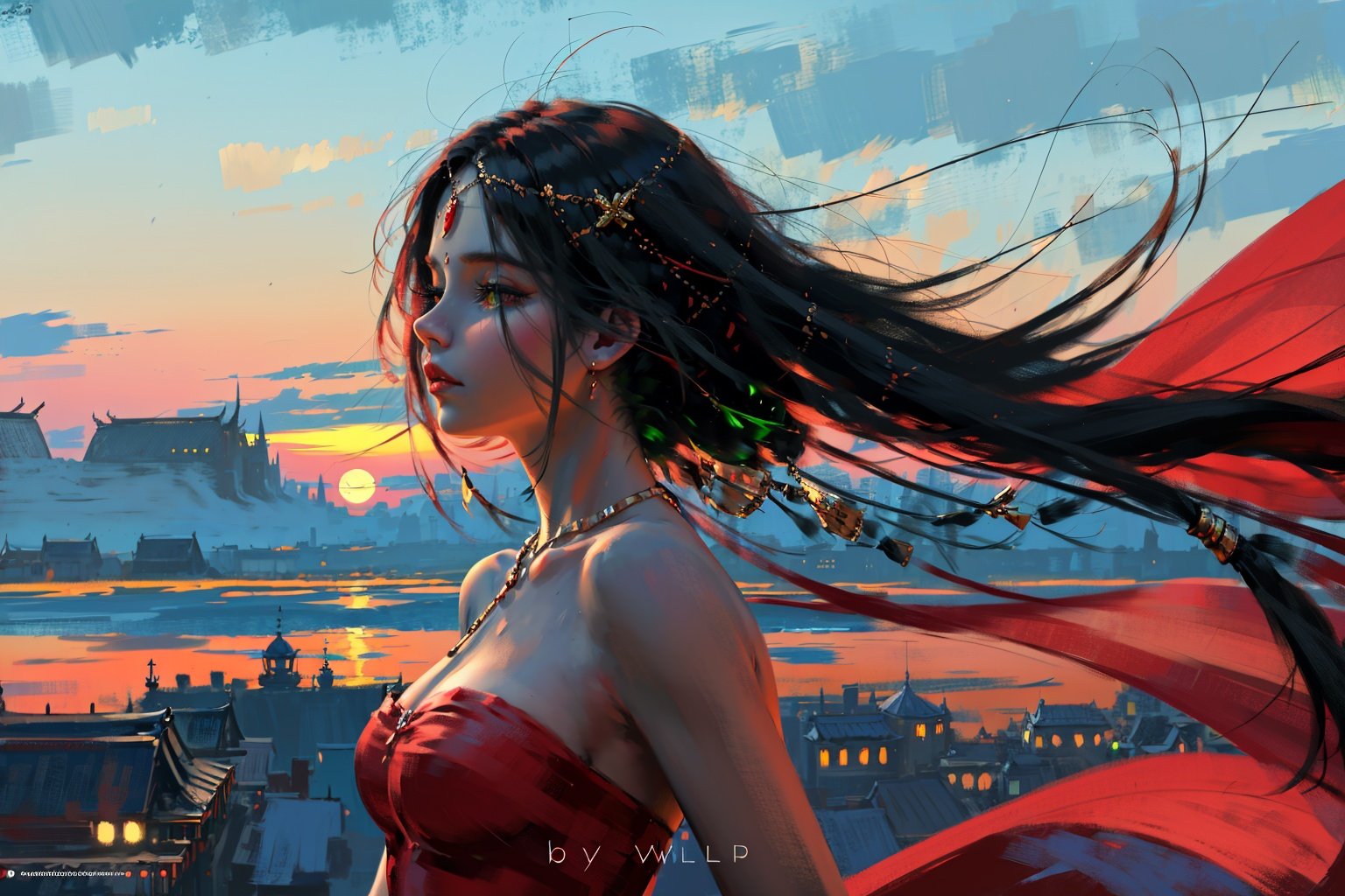 sinple background,  oilpainting style, red dress,super long hair, head chain, rim light, back light, sunset, pastel color, 1girl, solo, long hair, looking at viewer, black hair, jewelry, green eyes, upper body, earrings, sky, necklace, arm up, from side, strapless, blue background,  wind, <lora:WLOP1-04:1.05> 