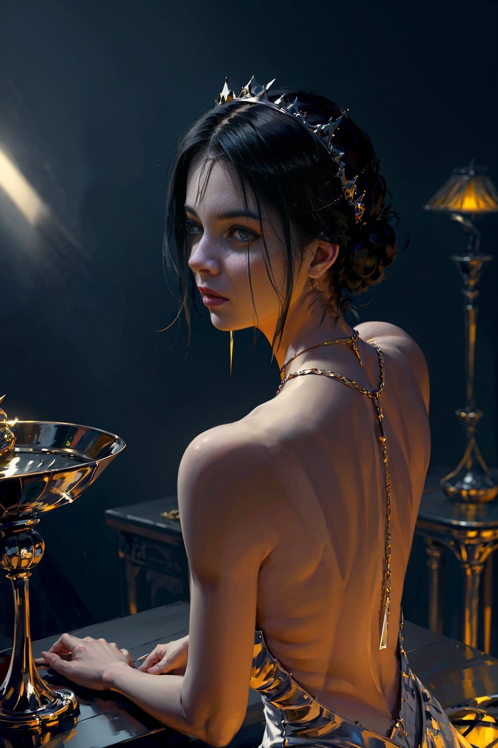1girl, solo, blue eyes, black hair, dress, bare shoulders, jewelry, sitting, necklace, chain,  tiara,  backless outfit, bare back, backless dress, skeleton,blushing, biting lip,  heterochromia, blurry background, foggy background, (rim light:1.7), (back light:1.7), Crepuscular Ray, <lora:WLOP1-04:0.9> 