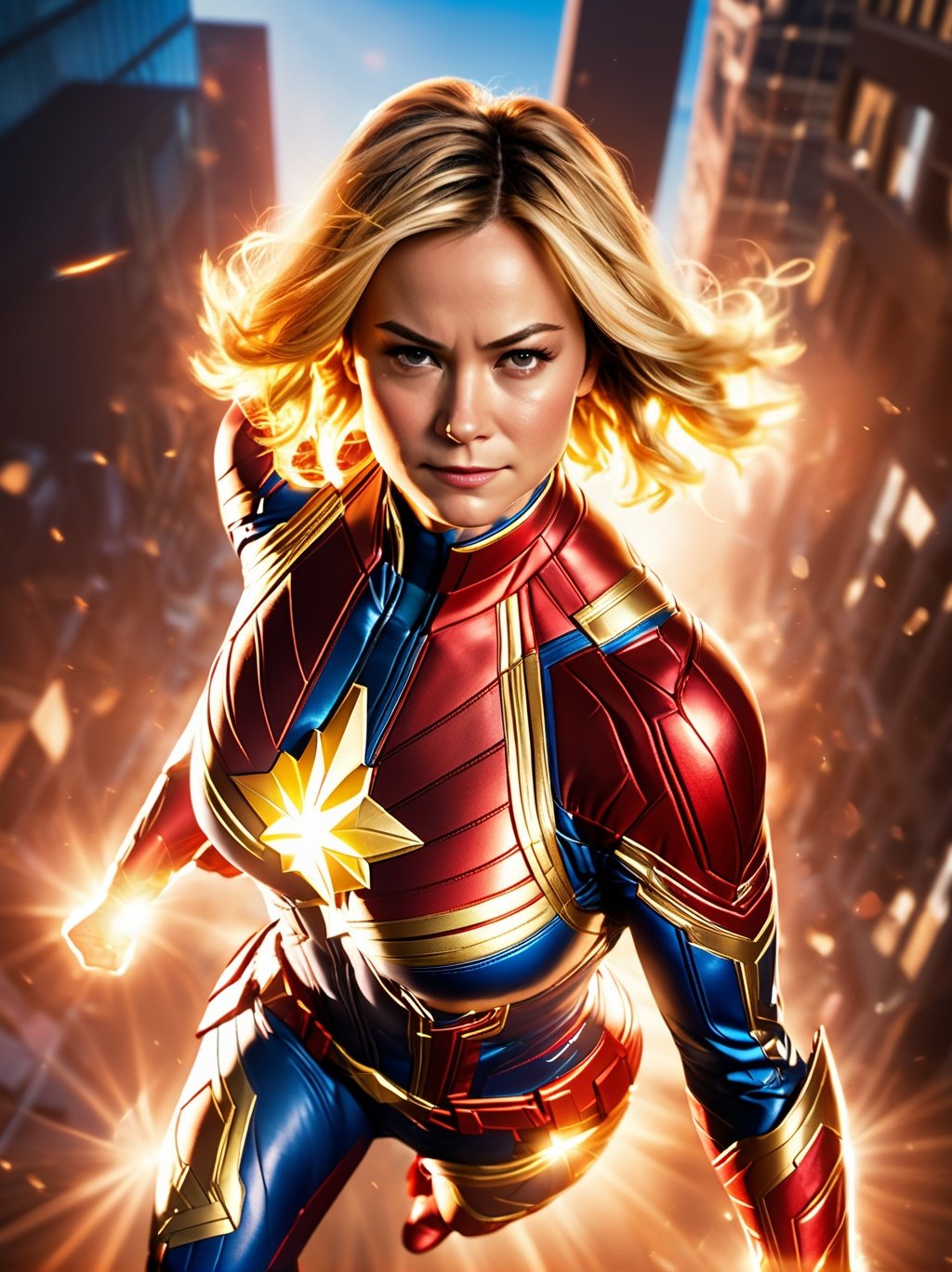 photographic, realistic, realism, cinematic photo, Captain Marvel (Marvel Comics): Captain Marvel's red, blue, and gold suit, glowing emblem, and superhuman powers make her a powerful and inspiring character for cosplayers.,35mm photograph, film, bokeh, award-winning, professional, highly detailed, 4k, highly detailed