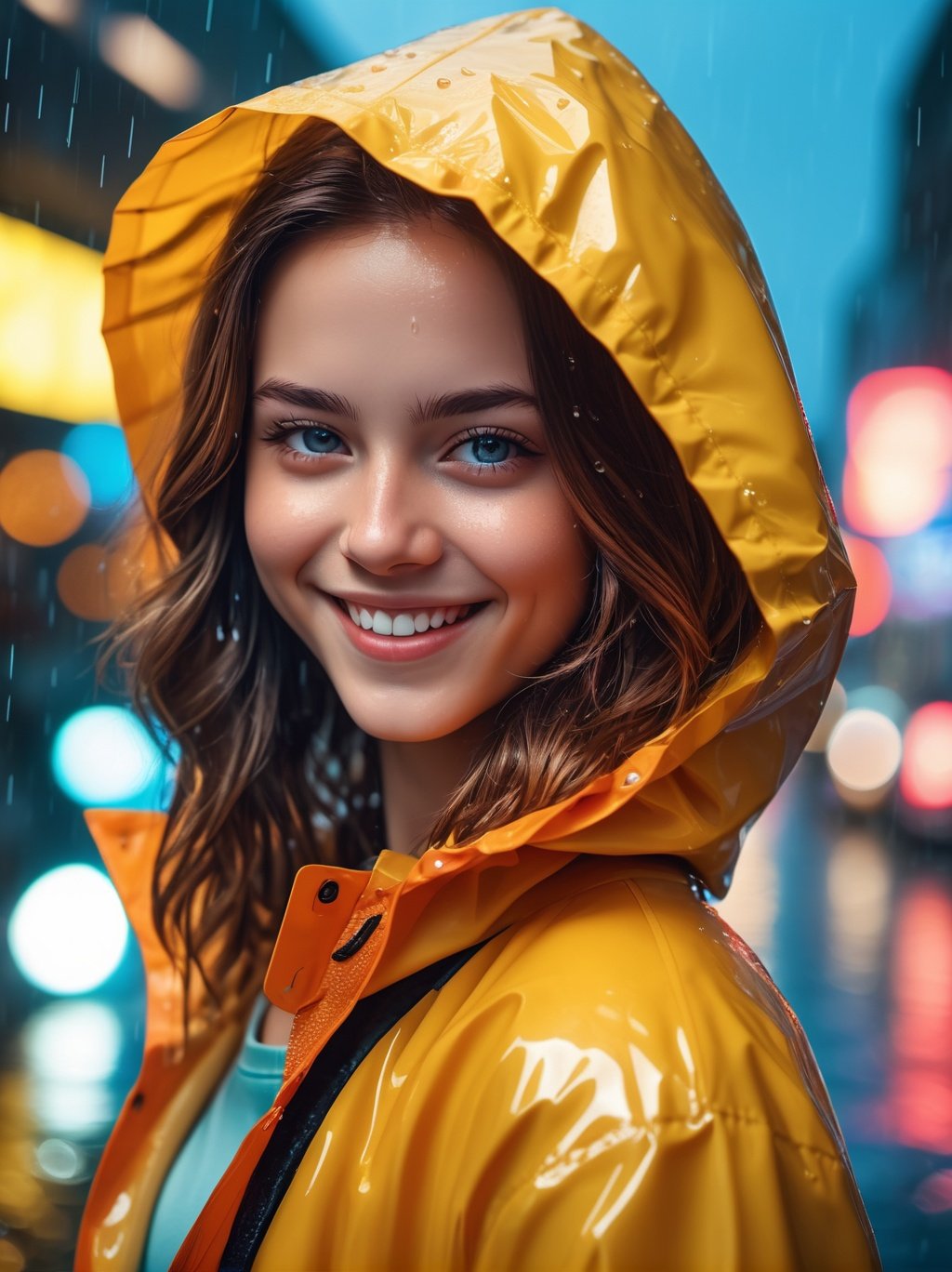 photographic, realistic, realism, cinematic photo, beautiful, (masterpiece:1.2), (best quality:1.2), perfect lighting, pov, close up, head shot, 1girl, smile, crop top, raincoat, foreshortening, depth, colorful,,35mm photograph, film, bokeh, award-winning, professional, highly detailed, 4k, highly detailed