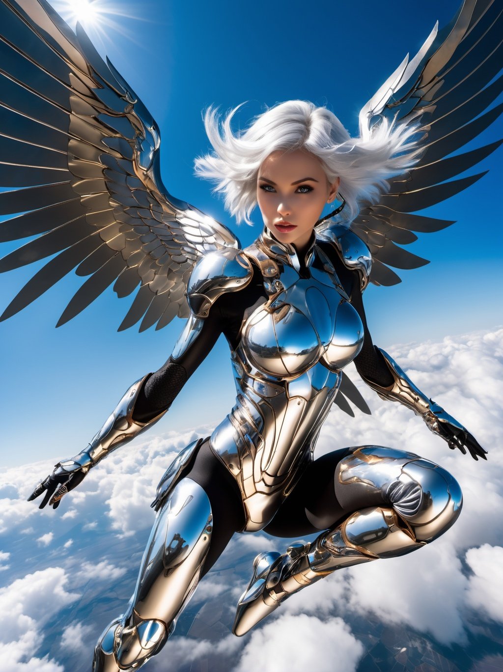 RAW photo, sharp, 8k, masterpiece, highres, (masterpiece, best quality, high resolution), ( 1human arm), (cyborg), intricate bodysuit, skintight silver armor,1girl, solo, Woman (soaring|flying) through clouds, Dutch angle, art by todd mcfarlane, trending on deviant art, (8k, ultra quality, masterpiece), low iso, SteelHeartQuiron character,metallic wings, undercut hairstyle, soaring through the clouds, arms stretched out, silver hair,silver metallic short hair, science fiction, Sorayama Style, chrome armor, shiny costume, chrome hair, (isometric), (fisheye), (bubble), dark theme, well drawn eyes, gopro, action shot, flying, dynamic action, beautiful facial features, pretty lips, (Point-of-view shot), art by todd mcfarlane, trending on deviant art, (8k, ultra quality, masterpiece), low iso,<lyco:sd_xl_base_1.0_quiron_SteelHeart_V5_Lycoris:0.77>