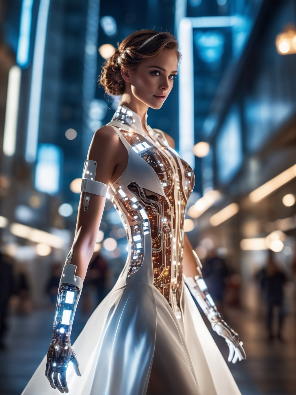 photographic, realistic, realism, cinematic photo, (wearing wedding_dress_style made of circuits, wearing_computer_dress, wearing_circuit_dress, futuristic city:1.3), blurry, depth_of_field, blurry_background, blurry_foreground, sexy ErikaBellaQuiron woman,  1girl, gloves, white_gloves, motion_blur, photo_\(medium\), solo,,35mm photograph, film, bokeh, award-winning, professional, highly detailed, 4k, highly detailed