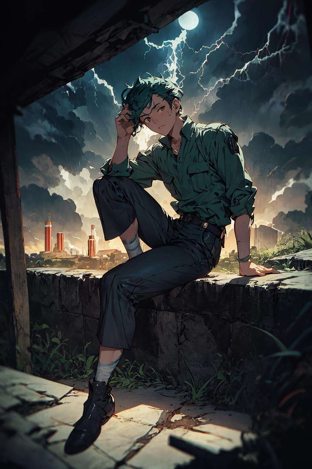 (art by Kenne Gregoire:0.8) , knee level shot of a Sophisticated light-weight Male Geologist, Injured dark green and Mustard hair, Thundering background, Stormy weather, tilt shift, 60s Kitsch and Psychedelia, Moonlight, telephoto lens, most beautiful artwork in the world