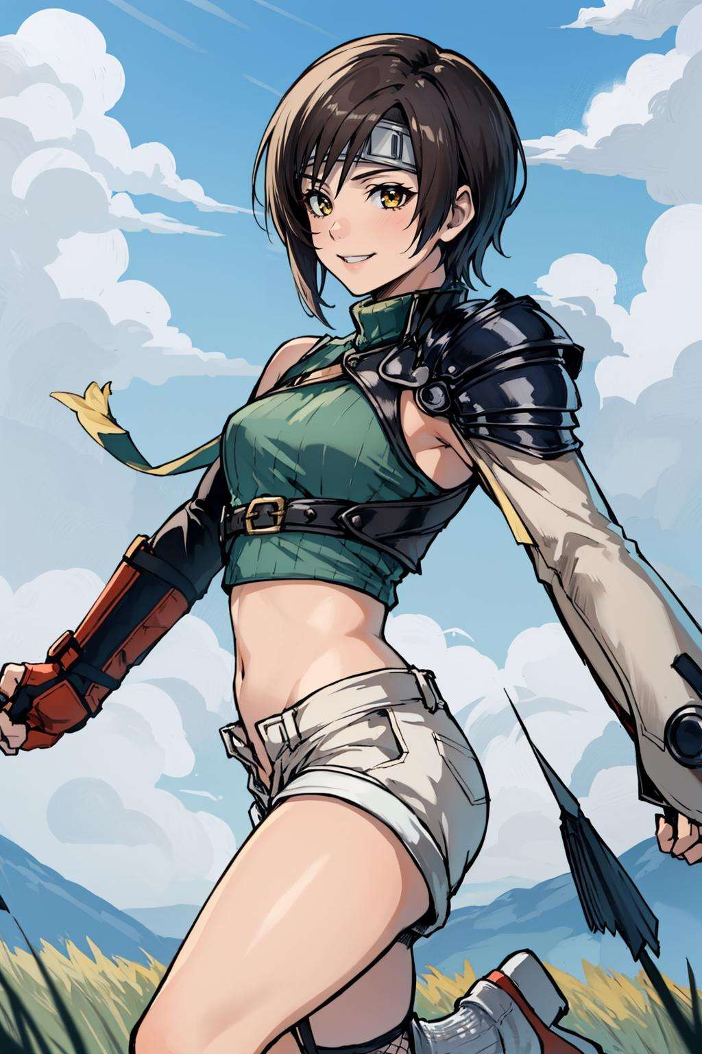 masterpiece, best quality, yuffie kisaragi, headband, sleeveless turtleneck, shoulder armor, armguard, fingerless gloves, tan shorts, single thighhigh, fishnets, action pose, from side, blue sky, grass, furrowed brow, smile <lora:yuffie-nvwls-v1-final:0.9>