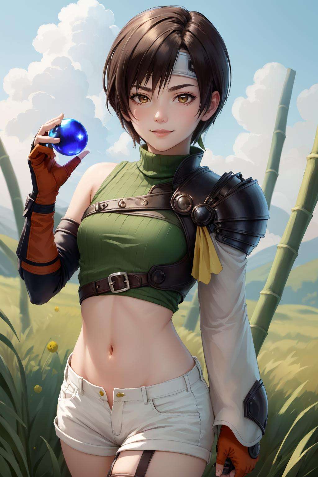 masterpiece, best quality, yuffie kisaragi, headband, green crop top, shoulder armor, armguard, fingerless gloves, tan shorts, single thighhigh, fishnets, upper body, looking at viewer, furrowed brow, smug smile, closed mouth, grass, bamboo, sky, holding up a small red crystal ball <lora:yuffie-nvwls-v4-000010:0.9>
