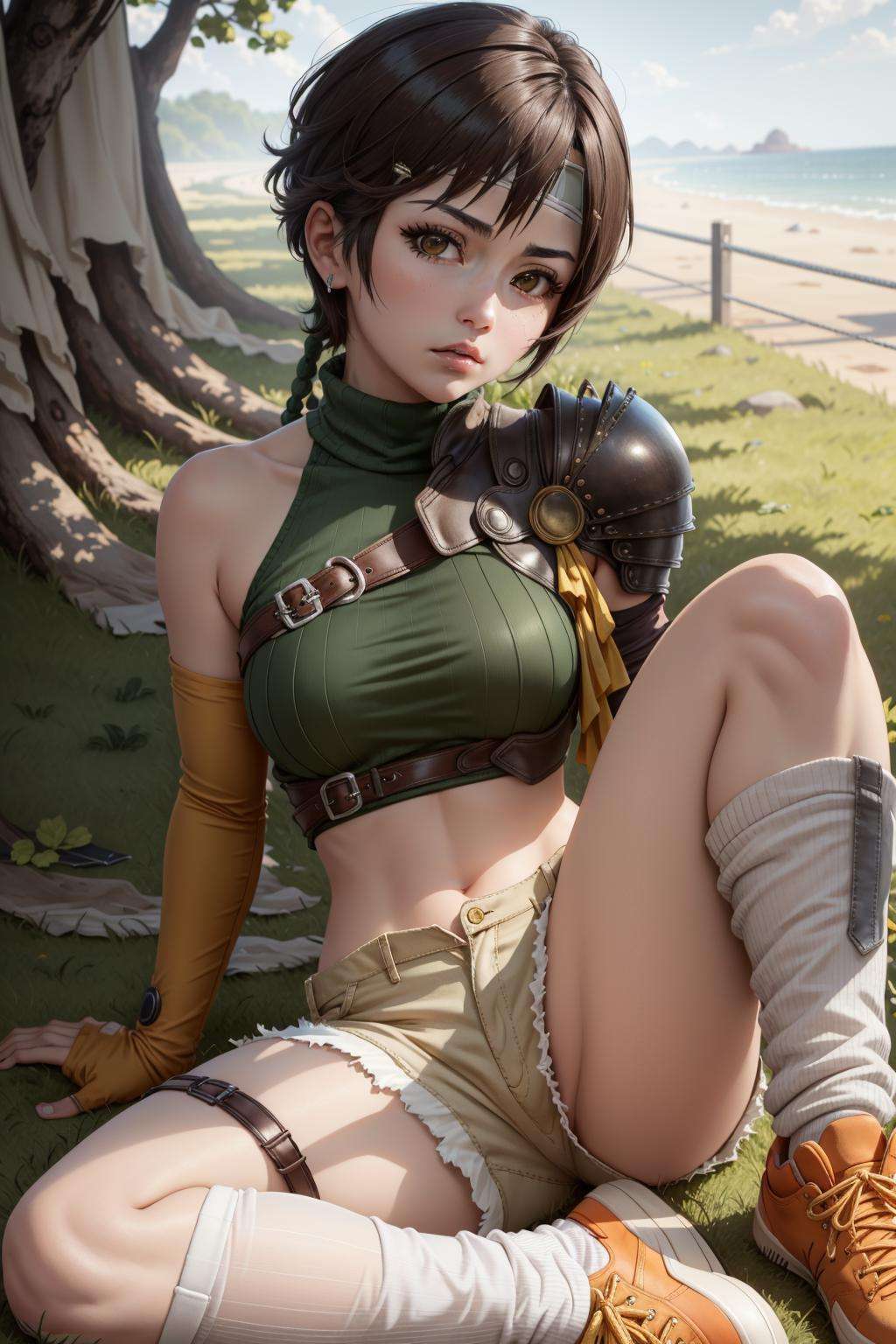 masterpiece, 4K, best quality, yuffie kisaragi, headband, green crop top, shoulder armor, armguard, fingerless gloves, tan shorts, single thighhigh, fishnets, sneakers, , looking at viewer, furrowed brow, wariza, sitting on ground, grass <lora:yuffie-nvwls-v4-000010:0.9>