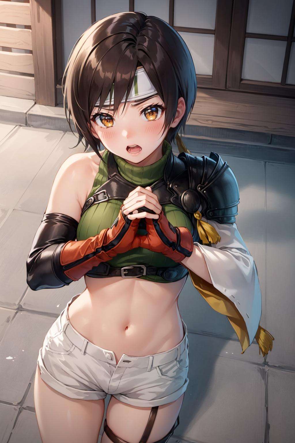 masterpiece, best quality, yuffie kisaragi, headband, sleeveless turtleneck, shoulder armor, armguard, fingerless gloves, tan shorts, single thighhigh, fishnets, cowboy shot, pov, blushing, furrowed brow, clenched fists, own hands together, open mouth, from above, traditional japanese architecture <lora:yuffie-nvwls-v4-000010:0.9>