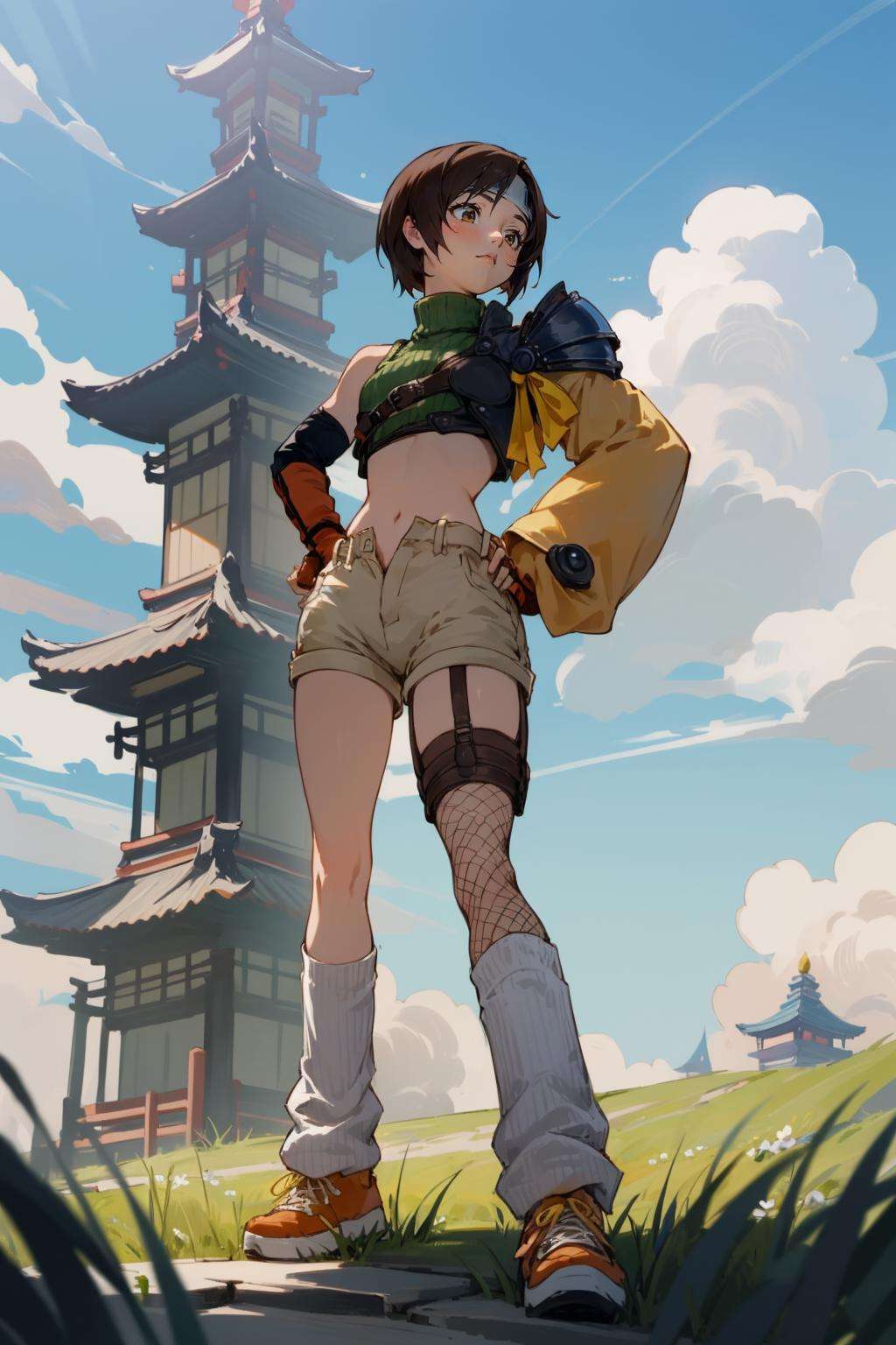 masterpiece, best quality, yuffie kisaragi, headband, sleeveless turtleneck, shoulder armor, armguard, fingerless gloves, tan shorts, single thighhigh, fishnets, socks, sneakers, standing, hands to hips, japanese pagoda, blue sky, clouds, grass, wide shot  <lora:yuffie-nvwls-v4-000010:0.9>