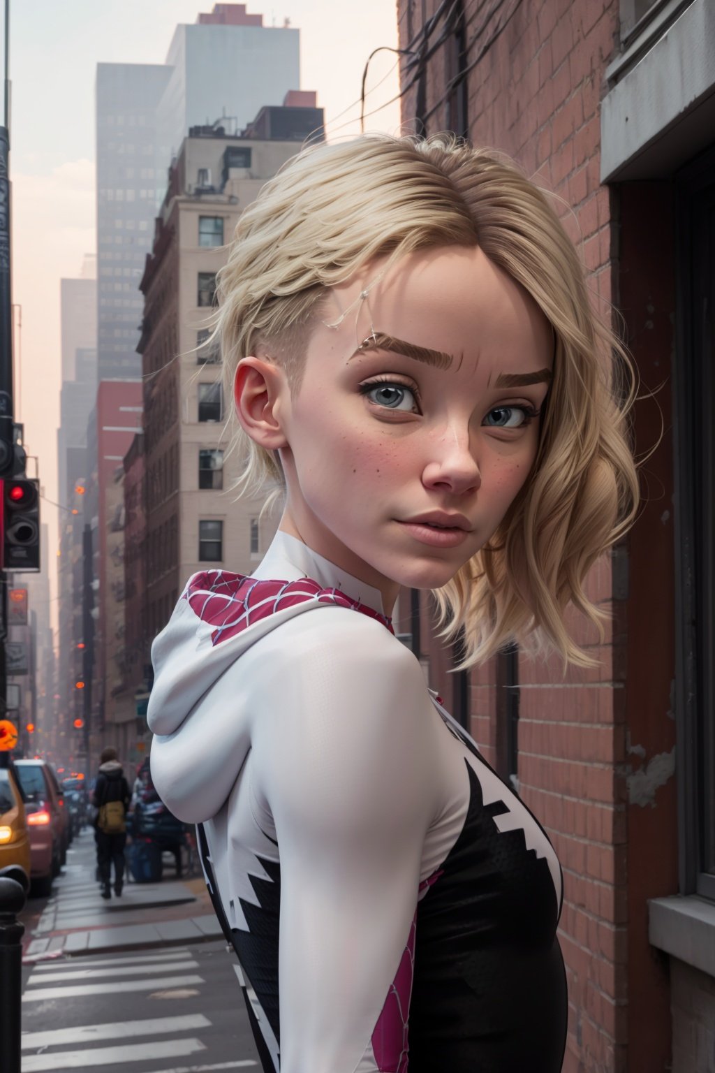 masterpiece, best quality, 1girl, gwenstacy, blonde hair, asymmetrical hair,  blue eyes, hooded bodysuit, eyebrow piercing, upper body, solo, looking at viewer, buildings, top of building, new york city background <lora:GwenStacy:0.8> <lora:add_detail:0.5>