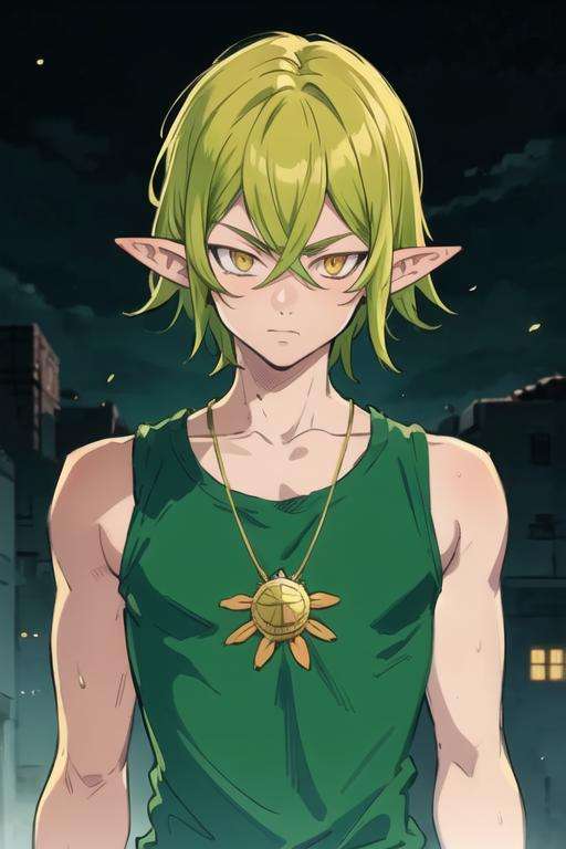 masterpiece, best quality, high quality, 1boy, solo, male focus, looking at viewer, upper body, <lora:helbram_nanatsu_no_taizai:0.76>, helbram_nanatsu_no_taizai, green hair, pointy ears, yellow eyes, , tank top