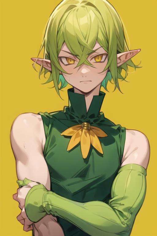 masterpiece, best quality, high quality, 1boy, solo, male focus, looking at viewer, upper body, <lora:helbram_nanatsu_no_taizai:0.78>, helbram_nanatsu_no_taizai, green hair, pointy ears, yellow eyes, , tank top