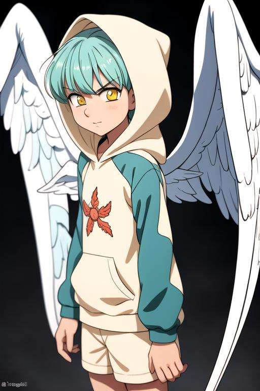 masterpiece, best quality, high quality, 1boy, solo, male focus, looking at viewer, , depth of field, <lora:sariel_nanatsu_no_taizai:0.74>, sariel_nanatsu_no_taizai, yellow eyes, aqua hair, angel wings, hood, gym uniform