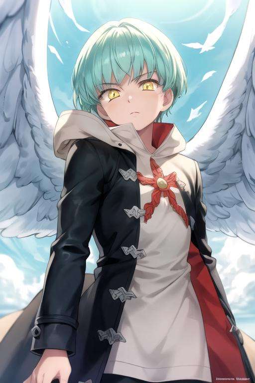 masterpiece, best quality, ultra-detailed, illustration, 1boy, solo, male focus, looking at viewer, , , <lora:sariel_nanatsu_no_taizai:0.76>, sariel_nanatsu_no_taizai, yellow eyes, aqua hair, angel wings, , coat